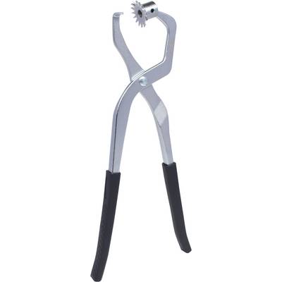 Metallische Revolverlochzange mit schwarzem Griff, zum Stanzen von Löchern in Materialien wie Leder oder Stoff.