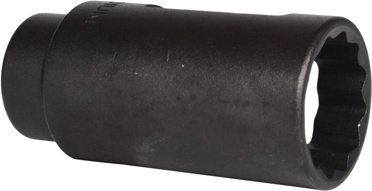 Eine schwarze Sechskant-Nuss aus Metall, verwendet für Schraubarbeiten, abgebildet von der Seite.