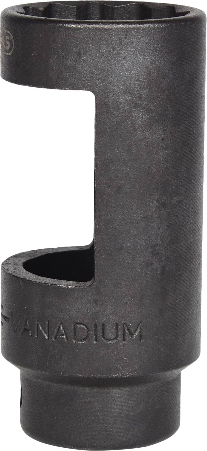 Ein schwarzer, zylindrischer Steckschlüssel aus Vanadium mit seitlicher Öffnung, zum Entfernen von Sauerstoffsensoren geeignet.