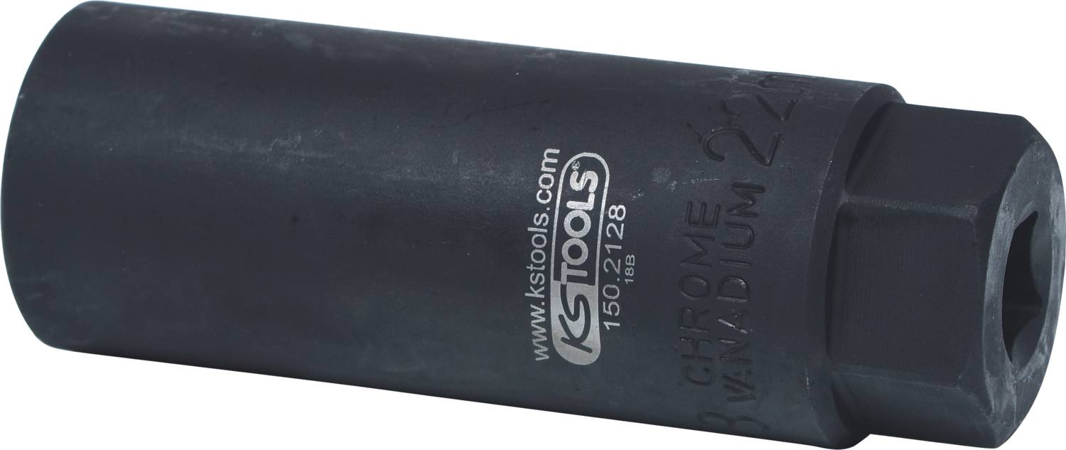 Eine lange, schwarze Stecknuss mit der Aufschrift 'Chrome Vanadium' und 'KS Tools', verwendet für mechanische Anwendungen.
