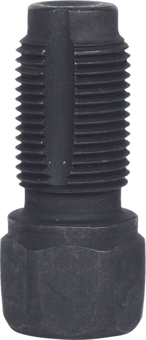 Ein schwarzer Metall-Stehbolzen mit grobem Gewinde und sechseckigem Kopf, geeignet für mechanische Befestigungen.