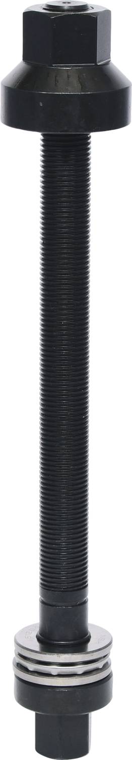 Schwarze, lange Schraube und Mutter aus Metall; Seitenansicht zeigt die Gewindestruktur und Unterlegscheibe am unteren Ende.