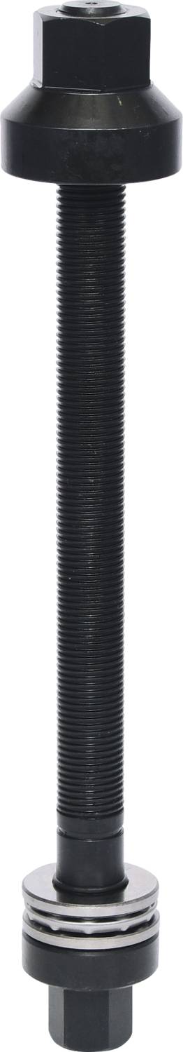 Schwarze Schraube mit einer sechskantigen Mutter oben, langem Gewinde, großem Flansch und zusätzlicher Mutter am unteren Ende.