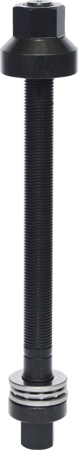 Langer schwarzer Bolzen mit Gewinde, oben mit sechseckigem Kopf, unten mit zwei Unterlegscheiben.