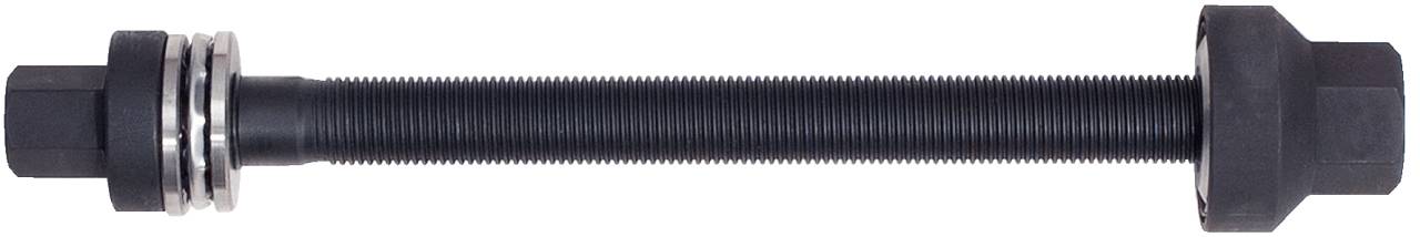 Eine schwarze Metallschraube mit Sechskantkopf und zwei Scheiben.