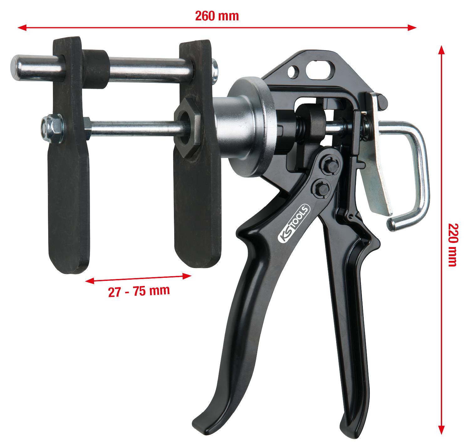 'Bremskolben-Rücksetzwerkzeug' mit Maßen: 260 mm Länge, 220 mm Höhe, für Spannweiten von 27-75 mm. Schwarzes Design mit Hebel.