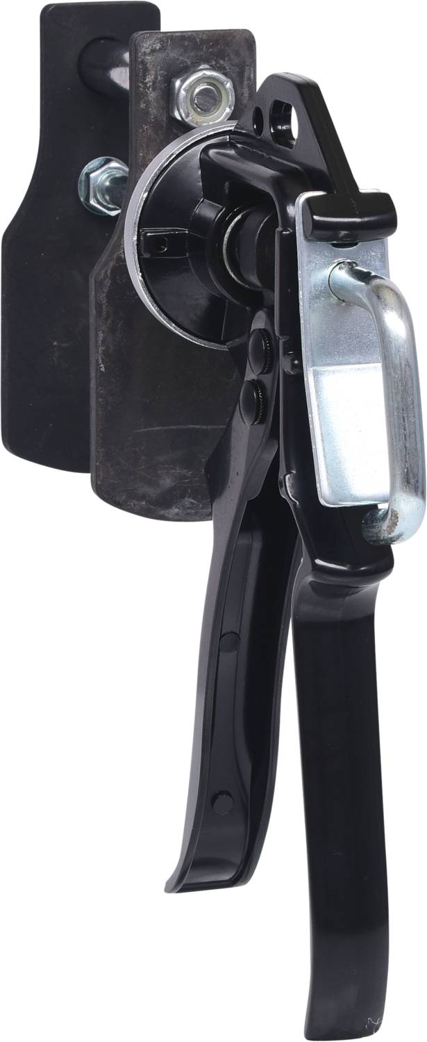 Ein schwarzer Hebelmechanismus aus Metall, der in geöffnetem Zustand seitlich gezeigt wird, mit einem zentralen Schraubmechanismus.