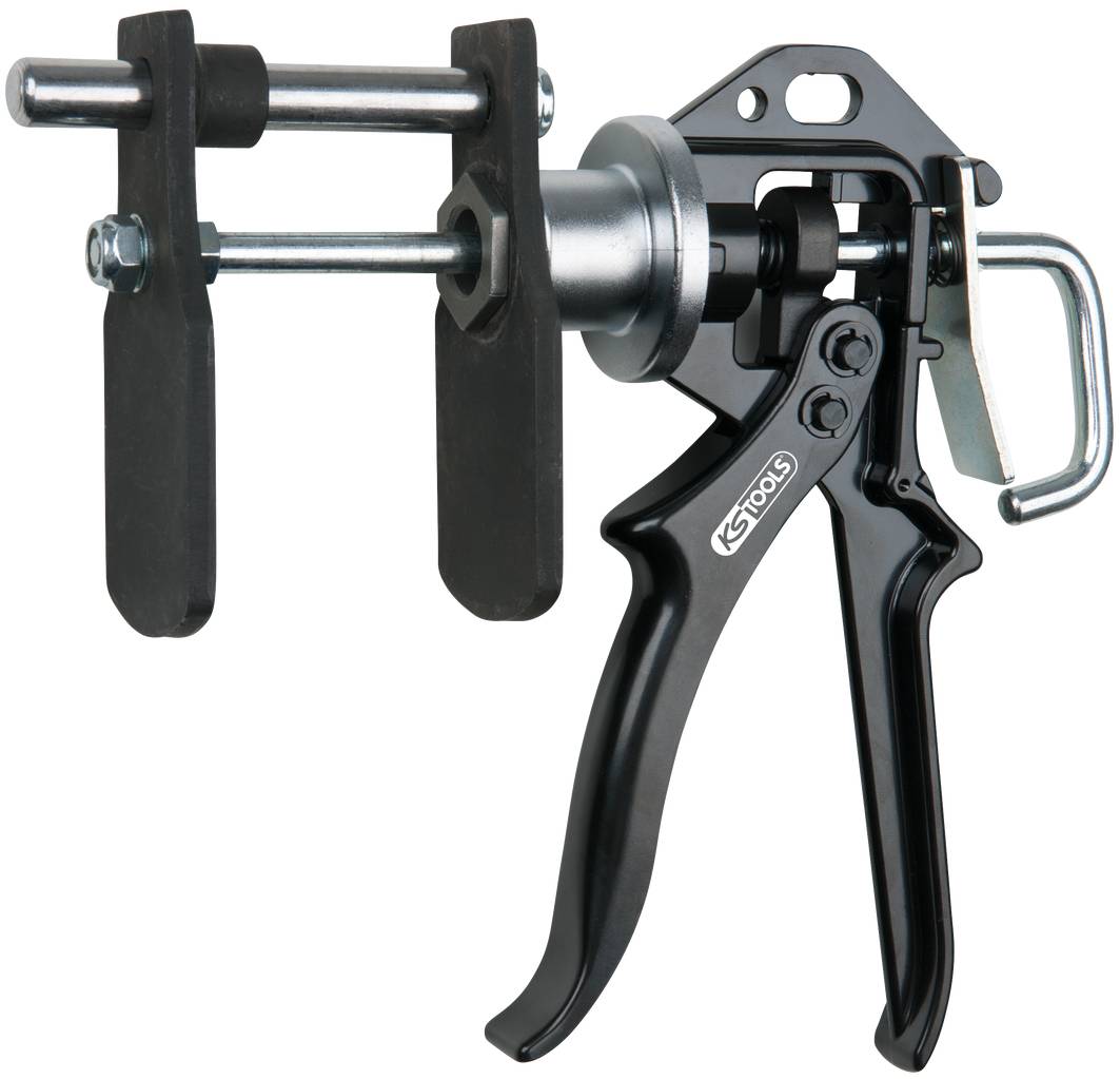 Ein Bremssattelrückstellerwerkzeug aus Metall, schwarz und silbern, mit Griff und verstellbarem Mechanismus, zum Zurücksetzen von Bremssätteln.