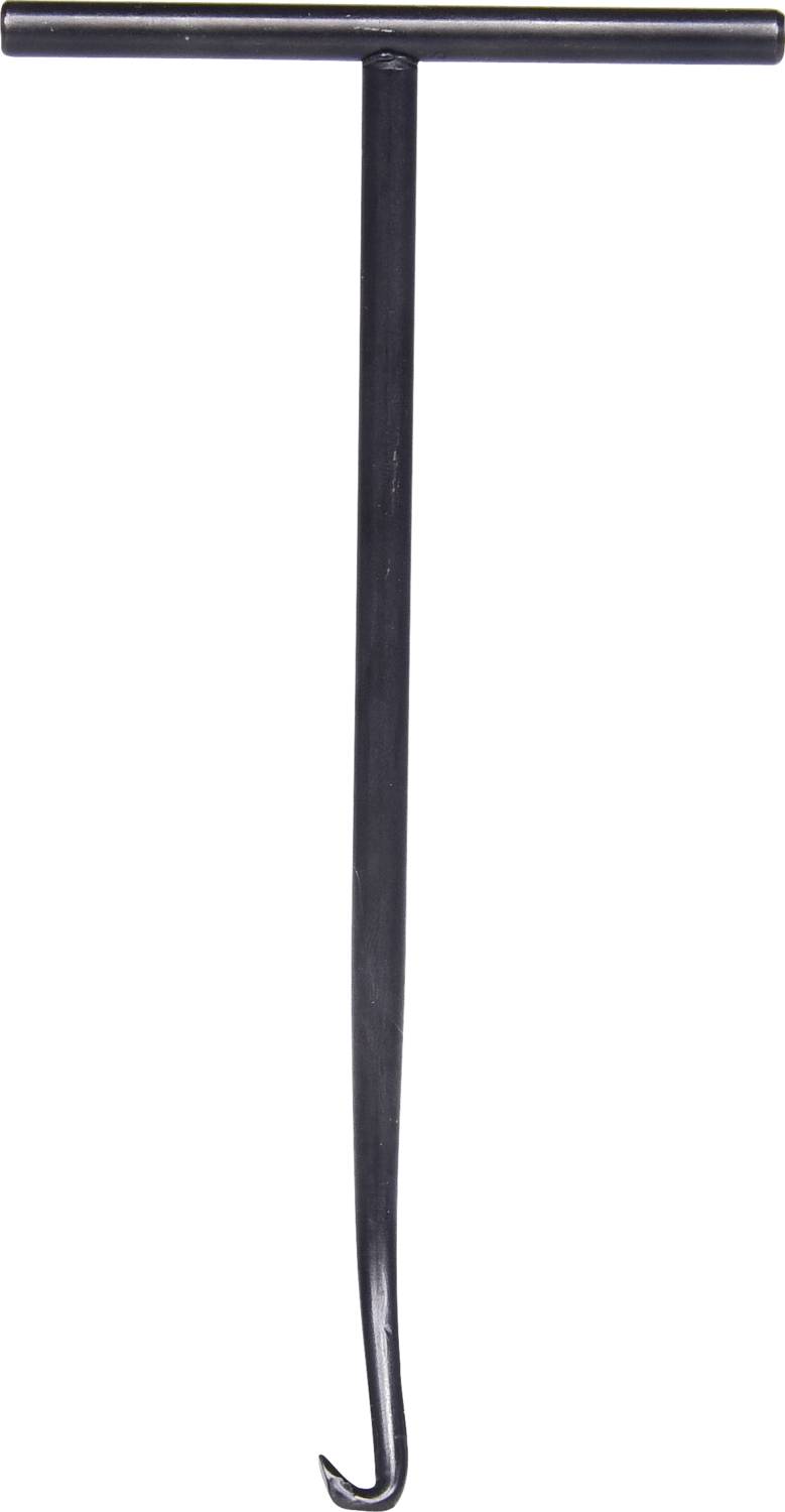 Ein schwarzer T-förmiger Haken mit einem langen, gebogenen Ende. Wird oft zum Ziehen oder Heben verwendet.