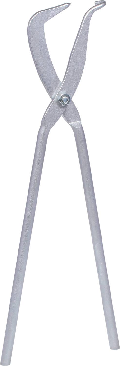 Eine lange silberne Grillzange aus Metall, geöffnet, mit geriffelten Enden für besseren Halt.