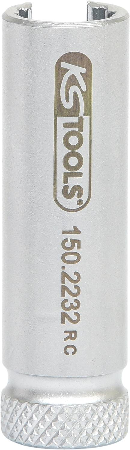 Eine silberne Stecknuss mit der Aufschrift 'KS Tools' und der Modellnummer '150.2232 Rc', texturiertes Griffende, zylindrische Form.