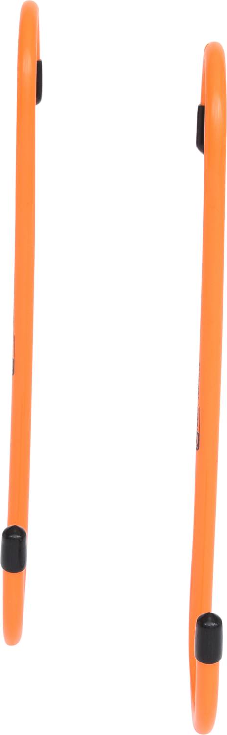 Zwei orange Hürden aus Kunststoff, senkrecht dargestellt, für Sport- oder Trainingszwecke.