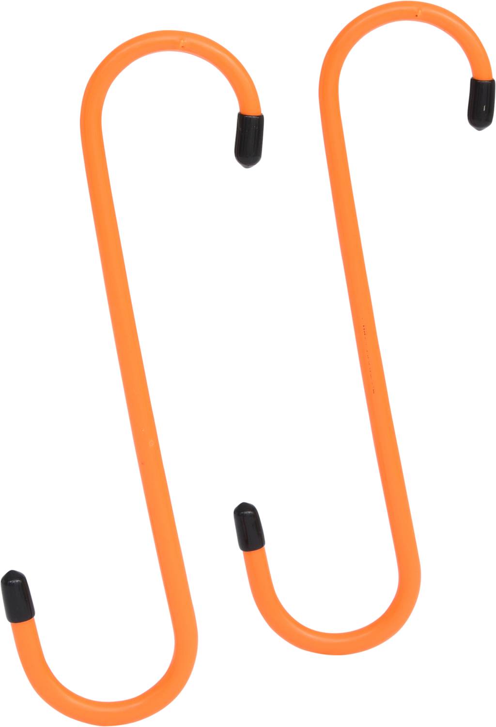 Zwei orangefarbene S-Haken mit schwarzen Enden.
