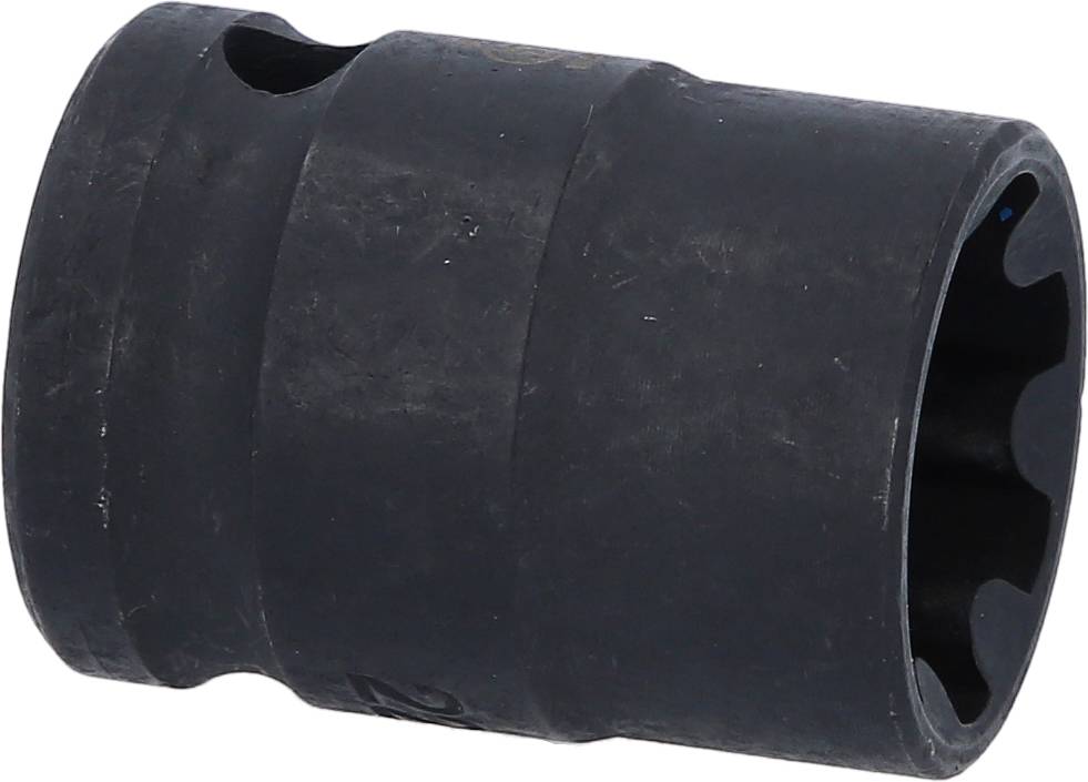 Eine schwarze, zylindrische Stecknuss mit glatter Oberfläche und gerändeltem Rand, verwendet für den Einsatz mit einem Steckschlüssel.