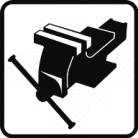 Schwarz-weiße Grafik einer Schraubzwinge auf weißem Hintergrund, symbolisiert Handhabung von Geräten oder Maschinenbau.