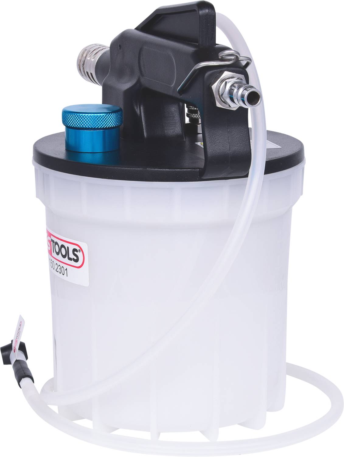 Ein weißer Kunststoffbehälter mit blauem und silbernem Anschluss oben für Flüssigkeiten, verwendet für Automobil- oder Maschinenwartung.