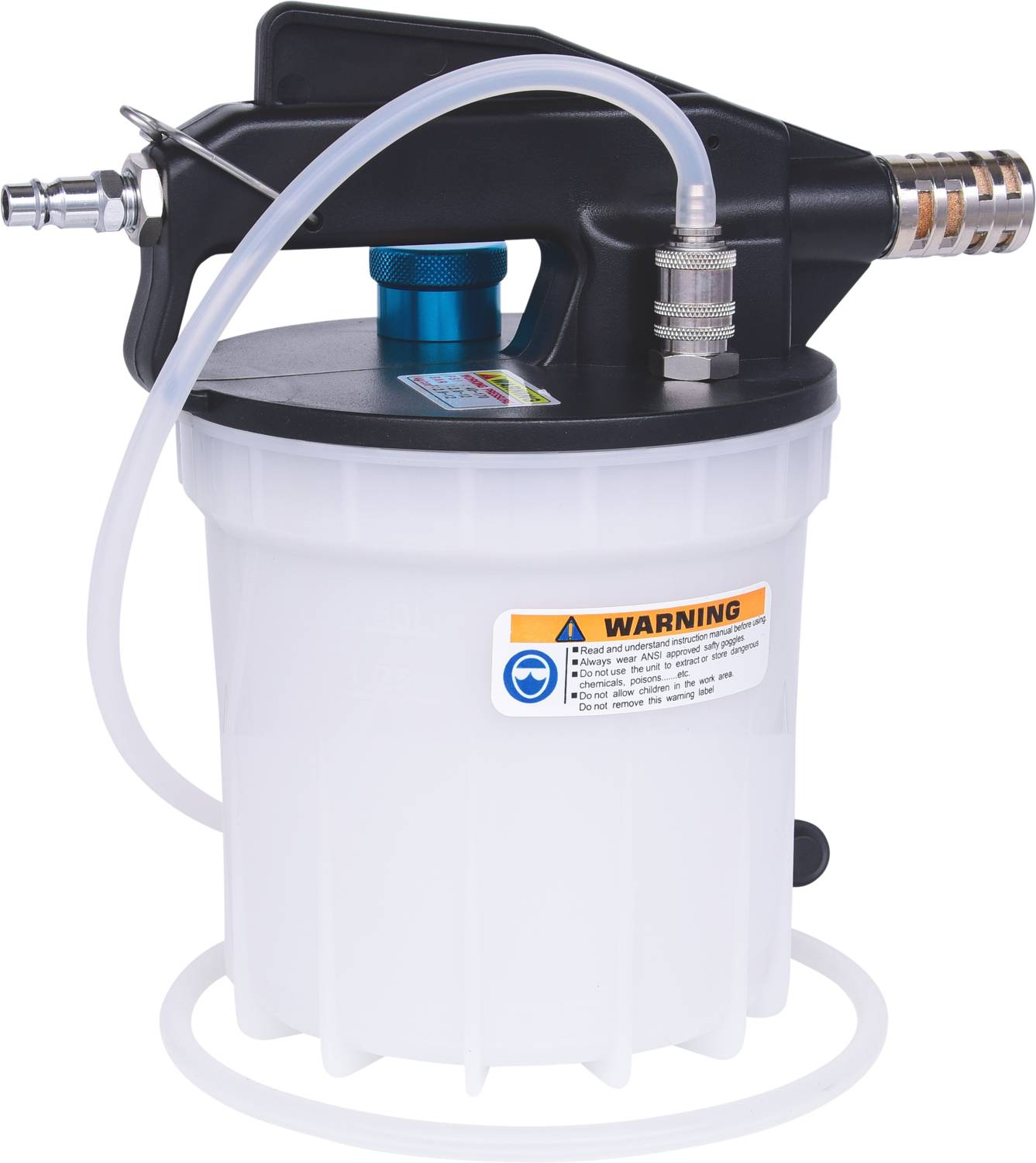 Ein tragbares Vakuum-Bremsenentlüftungsgerät mit Warnhinweis an der Seite. Geeignet für die einfache Entlüftung von Bremsflüssigkeit.