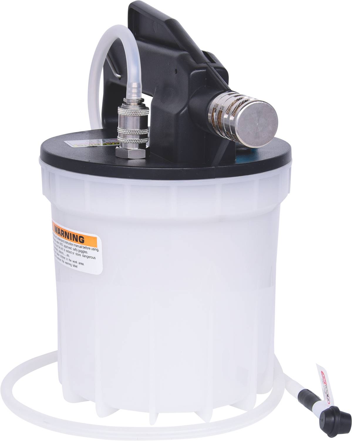 Ein transparenter Behälter mit einer schwarzen Abdeckung, ausgestattet mit einem Schlauch und einem Metallventil, vermutlich zur Flüssigkeitsentnahme oder -übertragung.