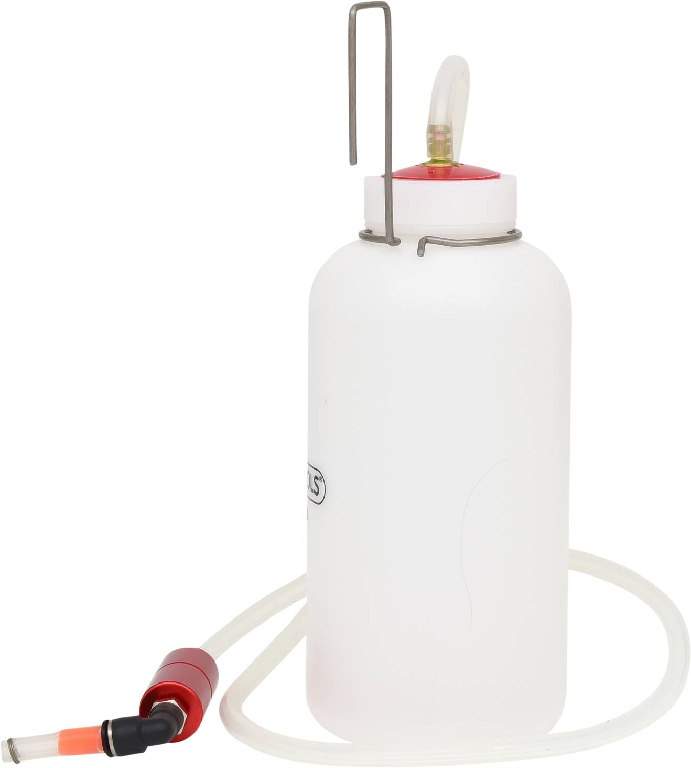 Weiße Plastikflasche mit Schlauch, geeignet für das Befüllen oder Absaugen von Flüssigkeiten. Oben ein Haken zur Aufhängung.