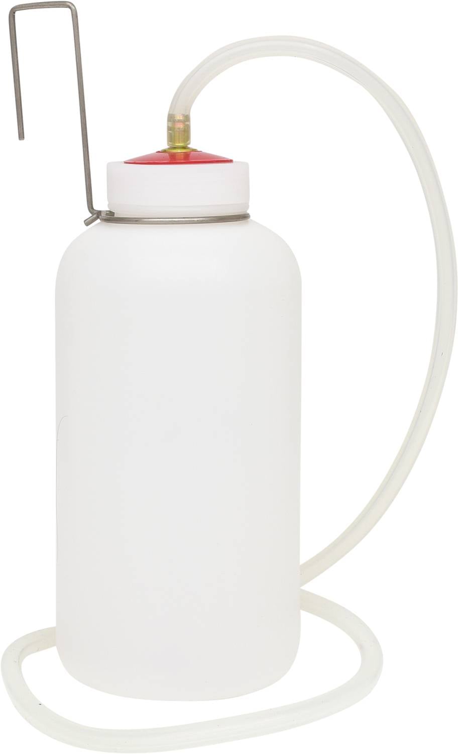 Ein transparenter Plastikbehälter mit einem langen Schlauch und einem Haken am Deckel, wahrscheinlich zur Flüssigkeitsabgabe.
