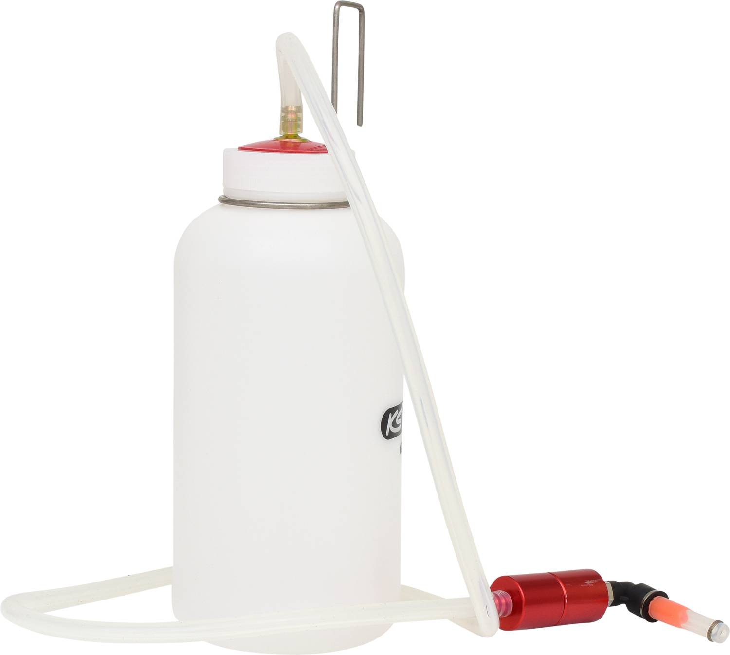 Ein weißer Flüssigkeitsbehälter mit Deckel und angeschlossenem Schlauch und rotem Anschlussstück, vermutlich für technische Zwecke.