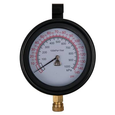 Rundes Manometer mit Skala in kPa und psi. Zeiger zeigt auf etwa 280 kPa. Hintergrund weiß, Skala in schwarz und rot.