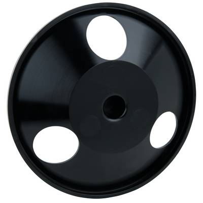 Schwarzes rundes Rad mit drei symmetrisch angeordneten Löchern. Hauptsächlich glatt und glänzend, vermutlich ein Maschinenteil.