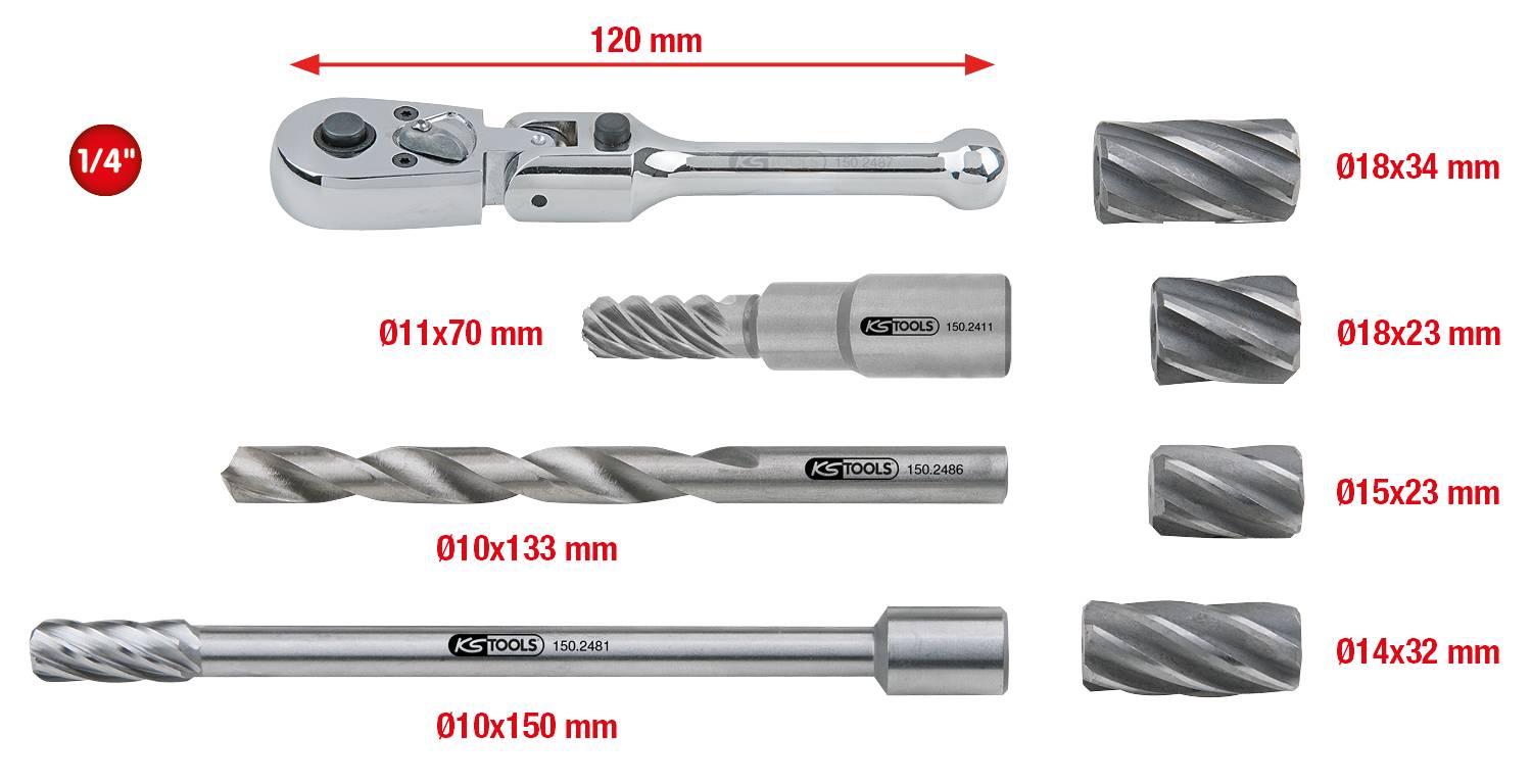 'Satz Ratschen- und Bit-Verlängerungen in verschiedenen Größen: 120 mm, 011x70 mm, 011x133 mm, 010x150 mm. Für Präzisionsarbeiten.'