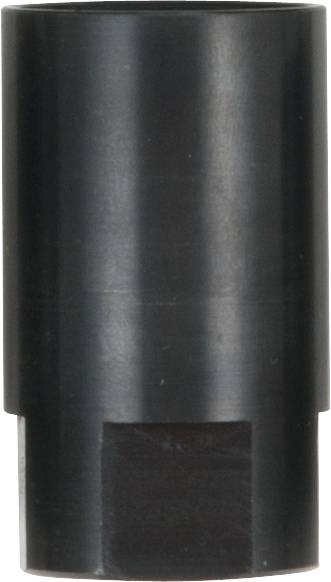 Schwarzer zylindrischer Metalladapter mit einer vertikalen Nut unten. Verwendet zur Verbindung von mechanischen Komponenten.