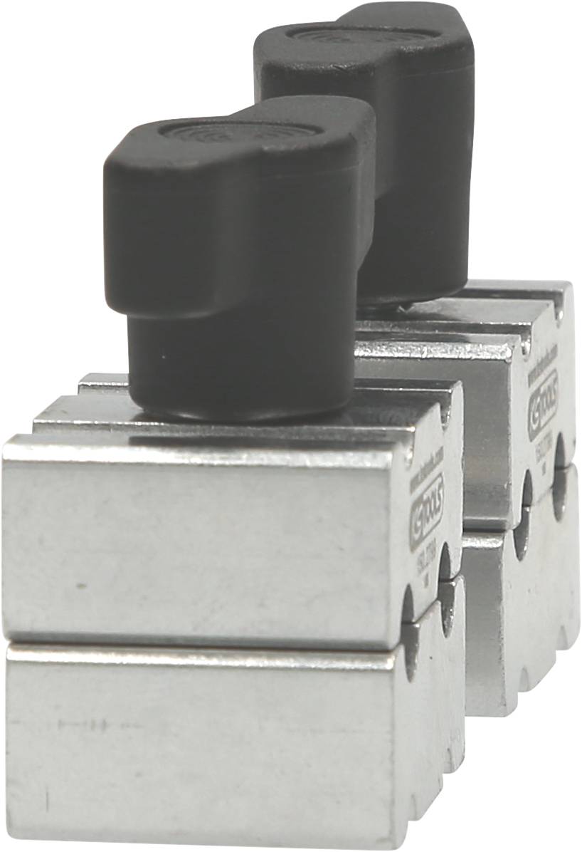 Zwei quadratische Metallbauteile mit schwarzen Griffen, die hintereinander stehen. Sie sind industriel gestaltete Komponenten.