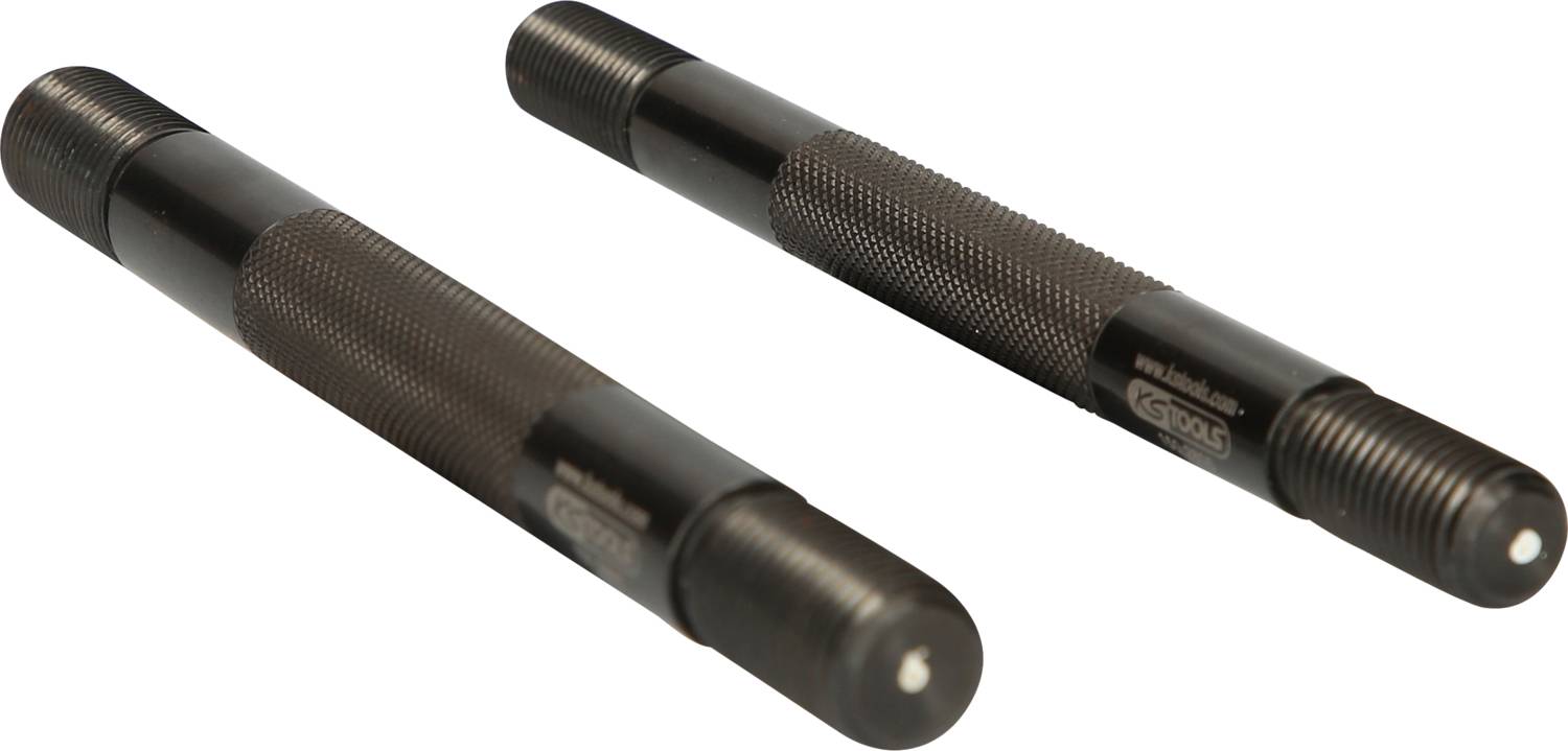 Zwei schwarze, zylindrische Werkzeuge mit Gewinde und gerändeltem Griff für besseren Halt, liegend auf einem weißen Hintergrund.