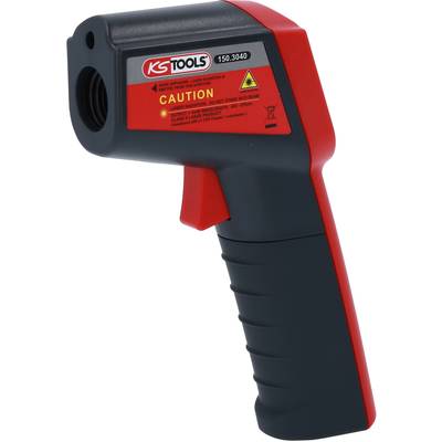 Infrarot-Thermometer mit ergonomischem Griff. Aufkleber mit Warnhinweisen und Logo auf der Oberseite. Ideal zur Temperaturmessung.