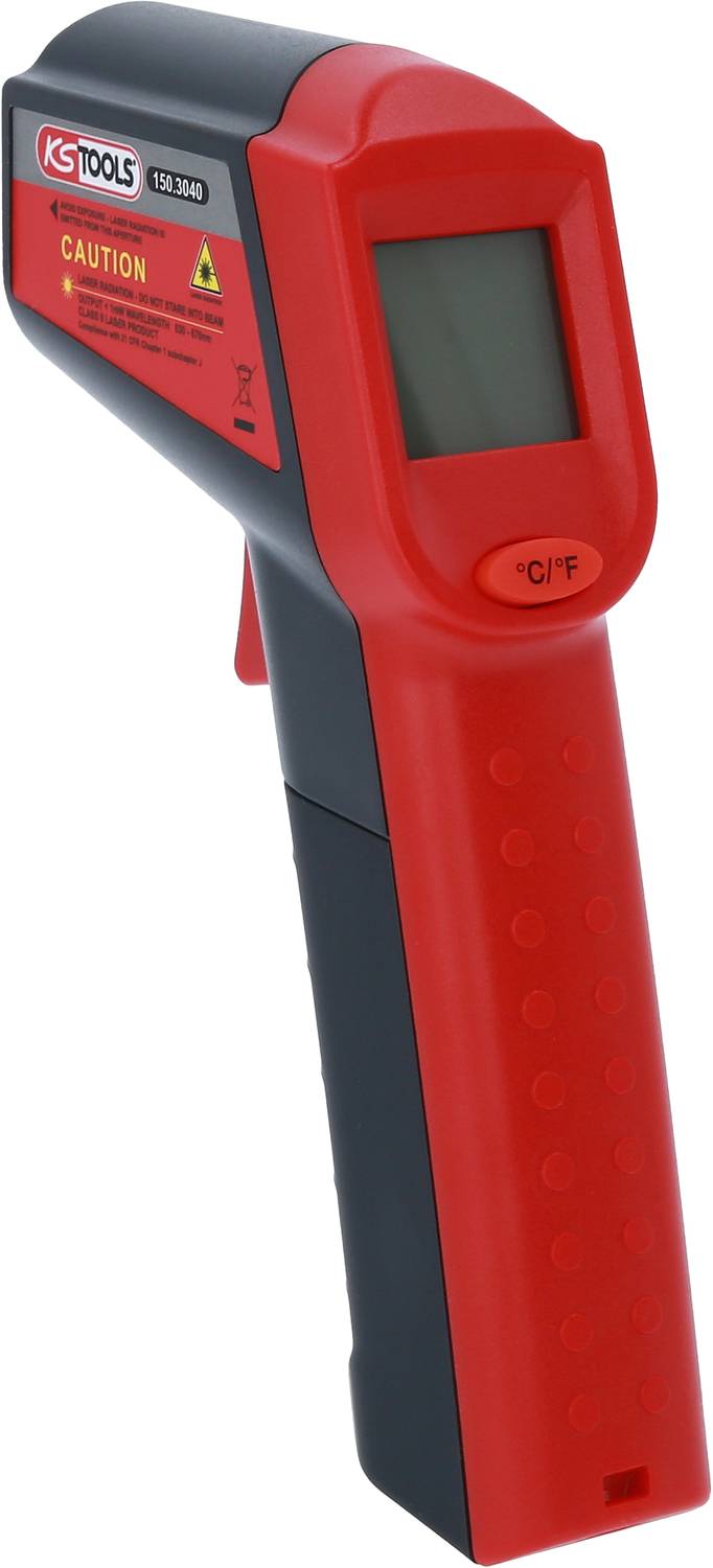 Ein rotes Infrarot-Thermometer mit einem Display oben, geeignet für Kontaktlos-Temperaturmessungen. Im Logo steht 'KS Tools'.