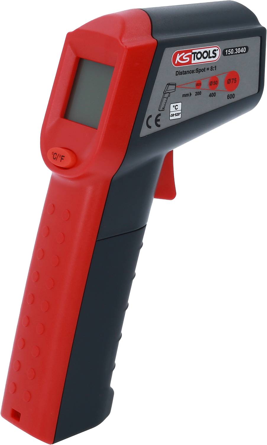 Ein rotes Infrarot-Thermometer mit Digitalanzeige und Knöpfen. Geeignet zur kontaktlosen Temperaturmessung.
