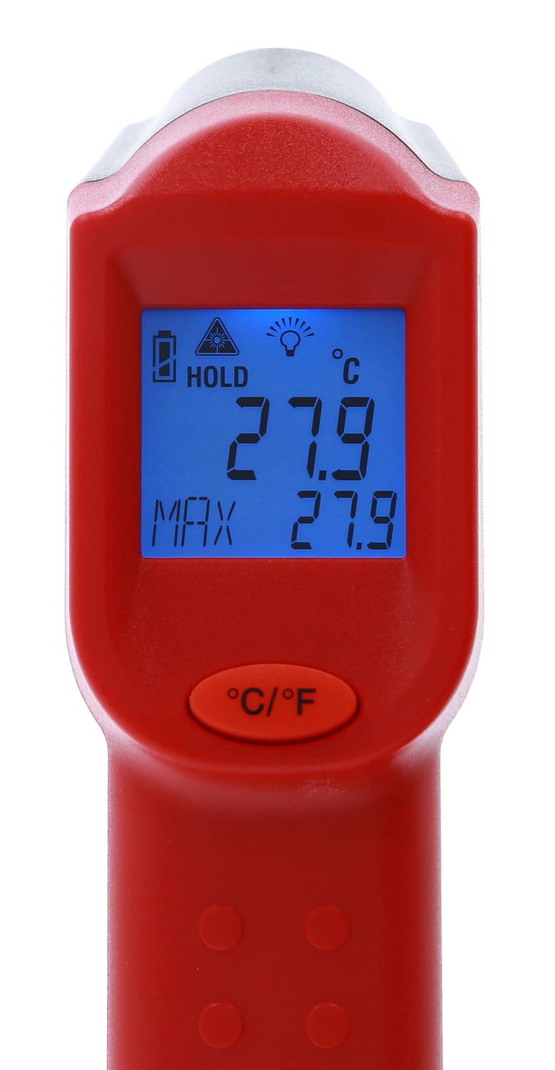 'Rotes Infrarot-Thermometer mit blauem Display zeigt 27,9 °C an. Funktionen: Hold, Licht, °C/°F-Umschaltung.'