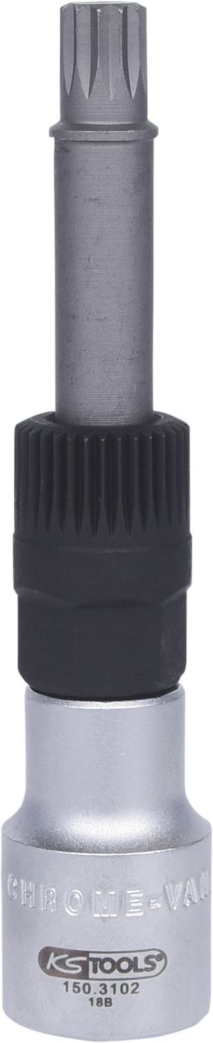 Steckschlüssel mit Torx-Profil und schwarzer Halterung, silberfarbenes KSTools-Logo auf dem Sockel.