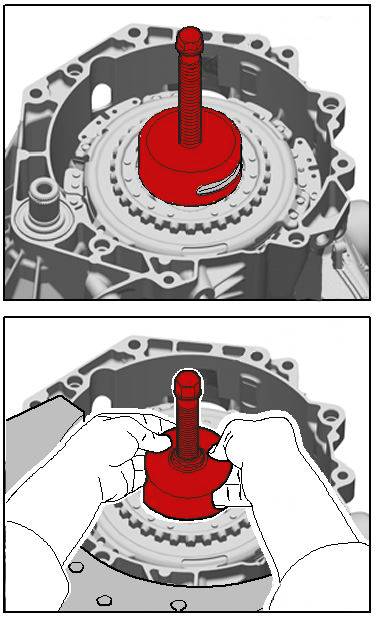 Oberes Bild: Ein rotes Werkzeug wird in eine Motorstruktur eingesetzt. Unteres Bild: Hände entfernen das gleiche Werkzeug aus dem Motor.