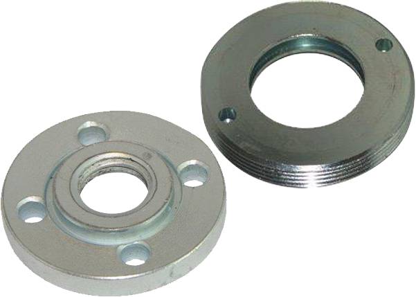 Zwei metallische Flansche, einer mit Schraubenlöchern, der andere mit einem Innengewinde. Sie sind funktionsrelevante Bauteile.