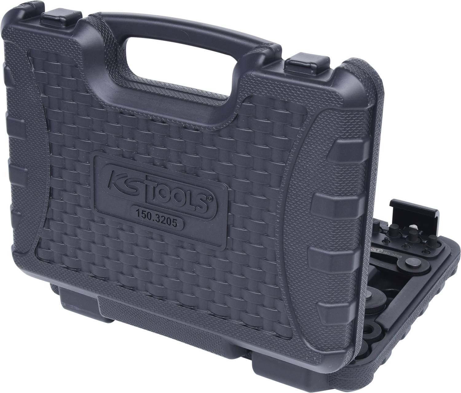 'KS Tools' Werkzeugkoffer aus schwarzem Kunststoff, teilweise geöffnet. Robustes Design mit strukturierten Flächen und Griff.