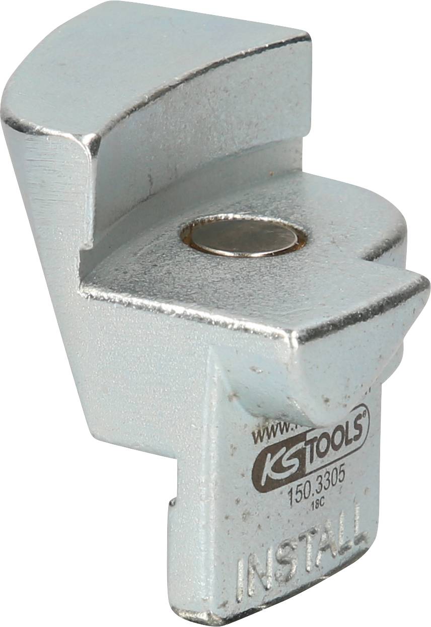 Metallisches Werkzeug mit der Beschriftung 'KS TOOLS 150.3305 INSTALL'. Es hat eine gebogene Form mit einer zentralen Öffnung.