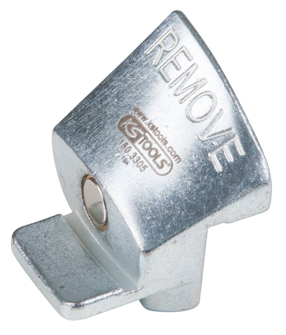 Ein silbernes Aluminium-Bauteil mit der Aufschrift 'REMOVE'. Das Bauteil hat eine gewinkelte Form und scheint industriell gefertigt zu sein.