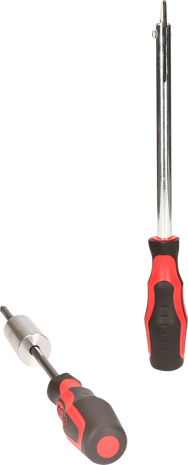 Zwei rote und schwarze Schraubendreher unterschiedlicher Größe mit stabilen Griffen und Metallspitzen, die übereinander liegen.