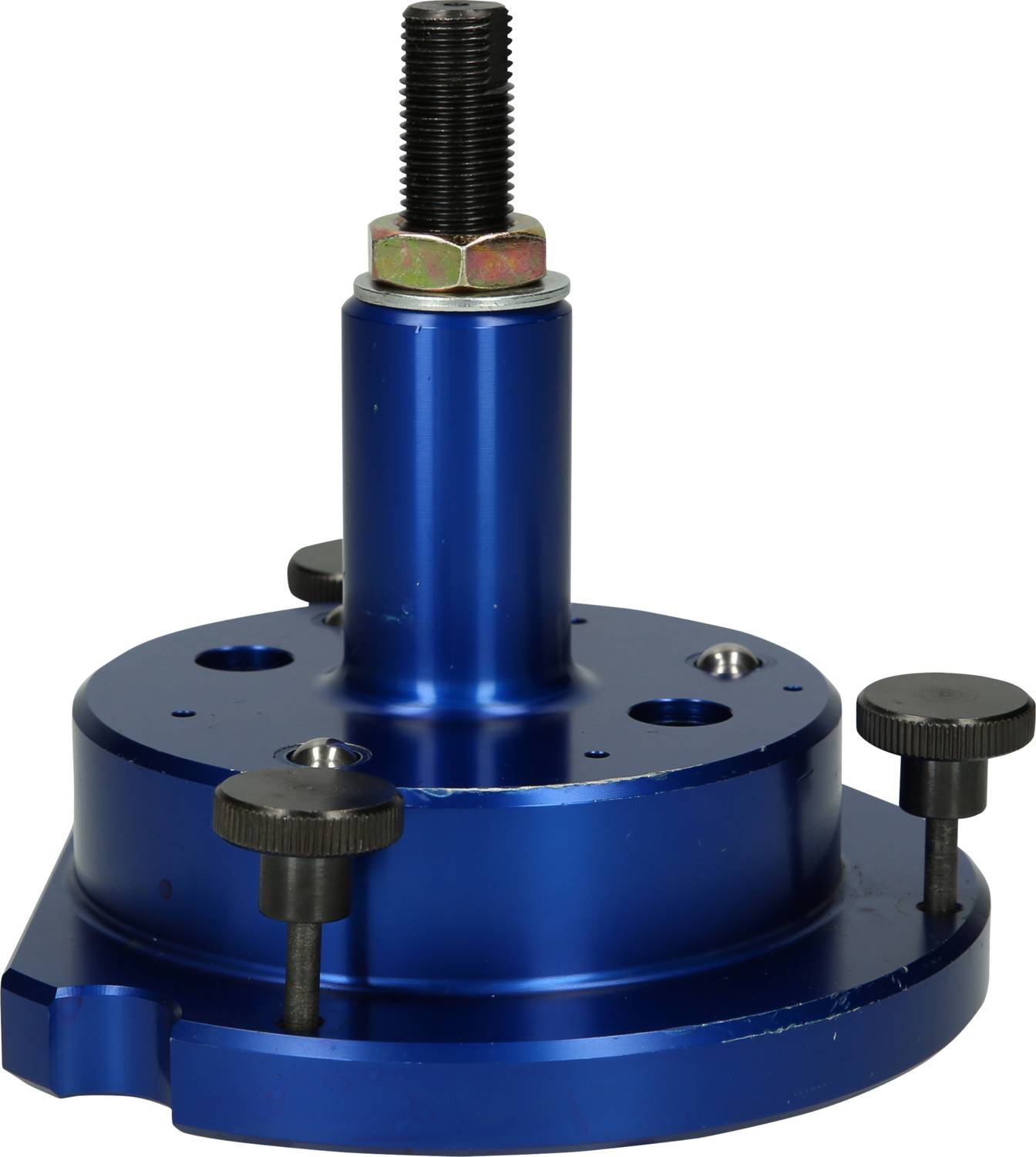 Ein blauer Maschinenfuß mit mehreren Schrauben und Bolzen, der für die Befestigung und Stabilisierung von Maschinen verwendet wird.