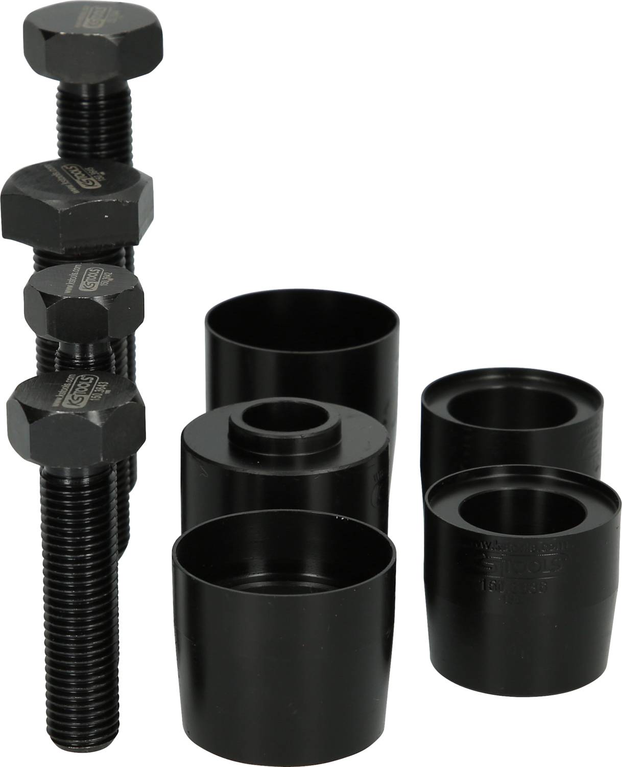 Schwarzes Schrauben- und Hülenset aus Metall, bestehend aus vier Schrauben und vier zylindrischen Hülsen.