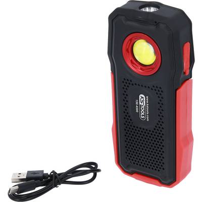 Eine rote und schwarze tragbare LED-Arbeitsleuchte mit USB-Ladekabel, ideal für Werkstattarbeiten und Outdoor-Aktivitäten.