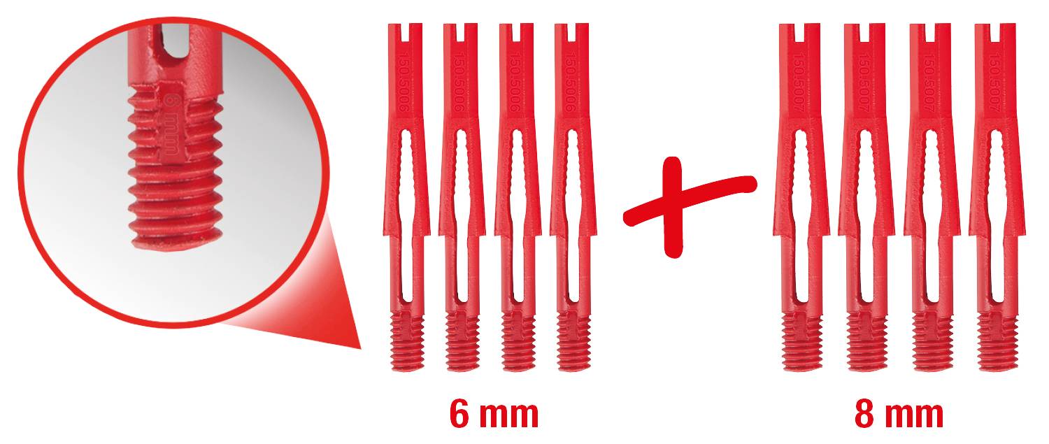 '8 rote Dübel: 4 mit 6 mm Durchmesser und 4 mit 8 mm. Vergrößerter Blick auf Gewinde des 6 mm Dübels.'