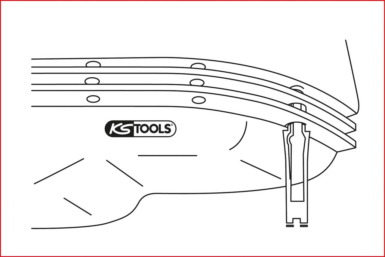 Ein Werkzeug mit dem Markennamen 'KS Tools', dargestellt in einer grafischen Zeichnung, zeigt Details eines Gerätes oder einer Maschine.
