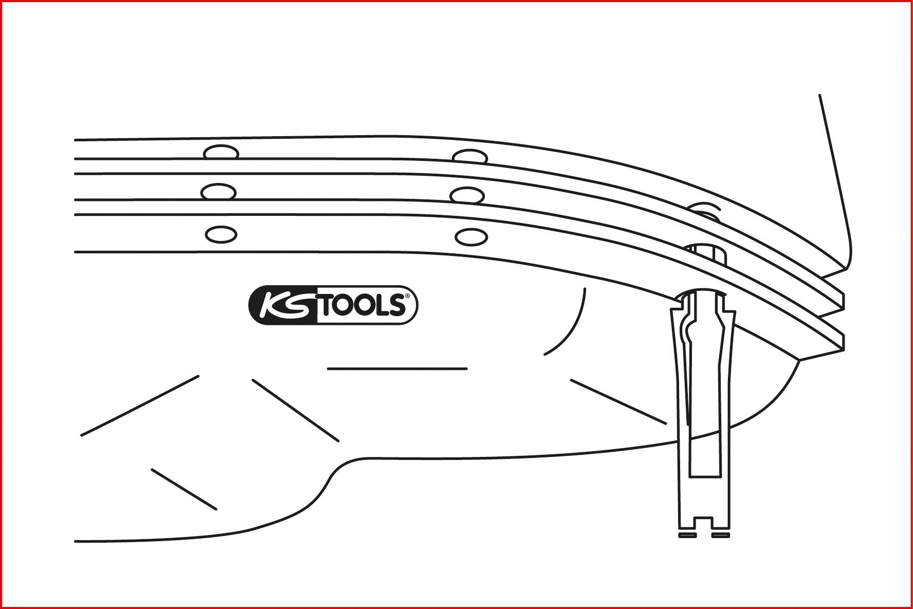 Technische Zeichnung eines Teils mit dem Logo 'KS TOOLS', zeigt die Unterseite eines Fahrzeugs mit spezifischen Montagedetails.
