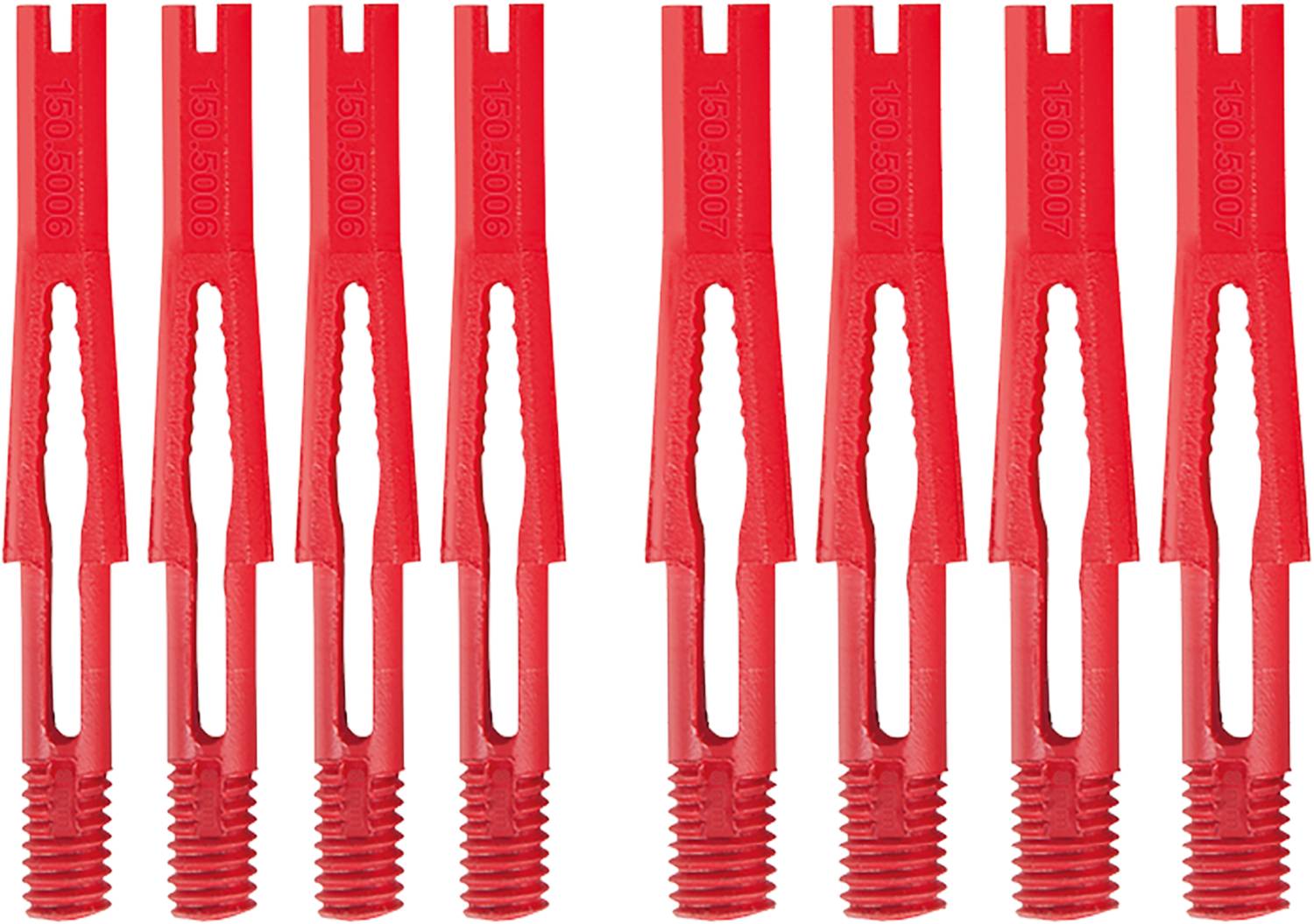 Acht rote Dübel, symmetrisch angeordnet, zeigen eine robuste Bauweise für eine effektive Befestigung in festen Materialien.