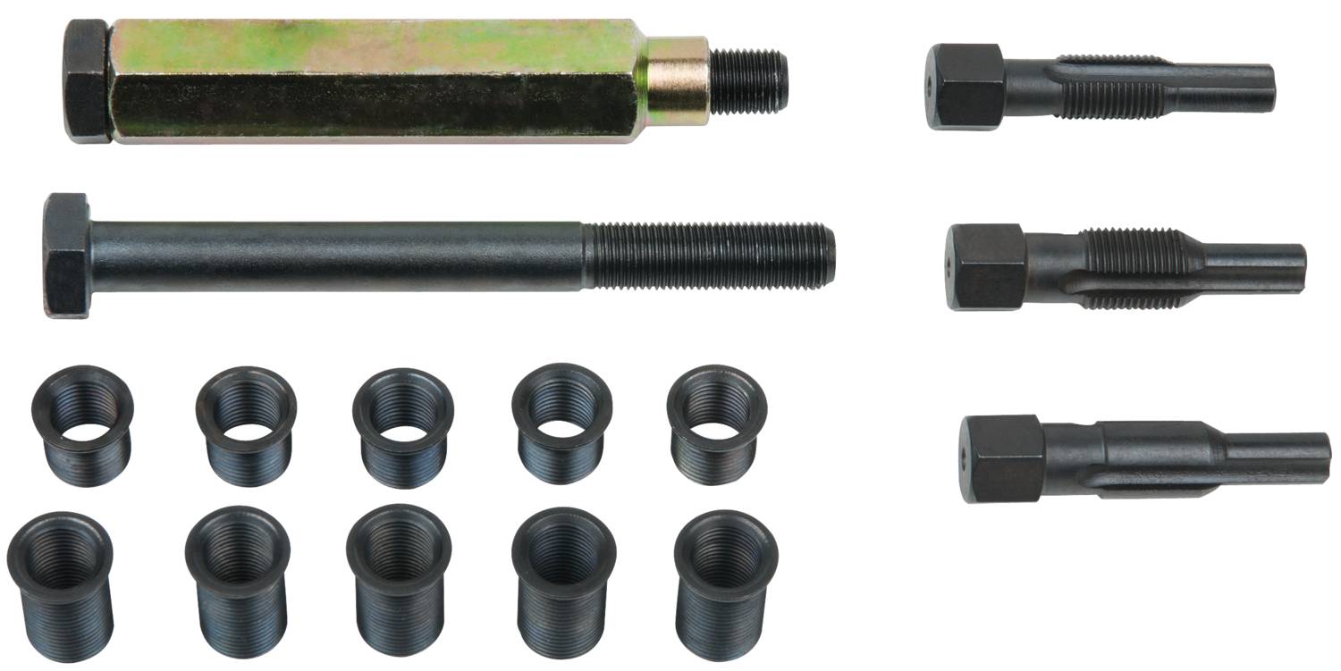 Ein Werkzeugsatz mit verschiedenen Schrauben, Bolzen und Hülsen aus Metall, geeignet für Auto- oder Maschinenreparaturen.